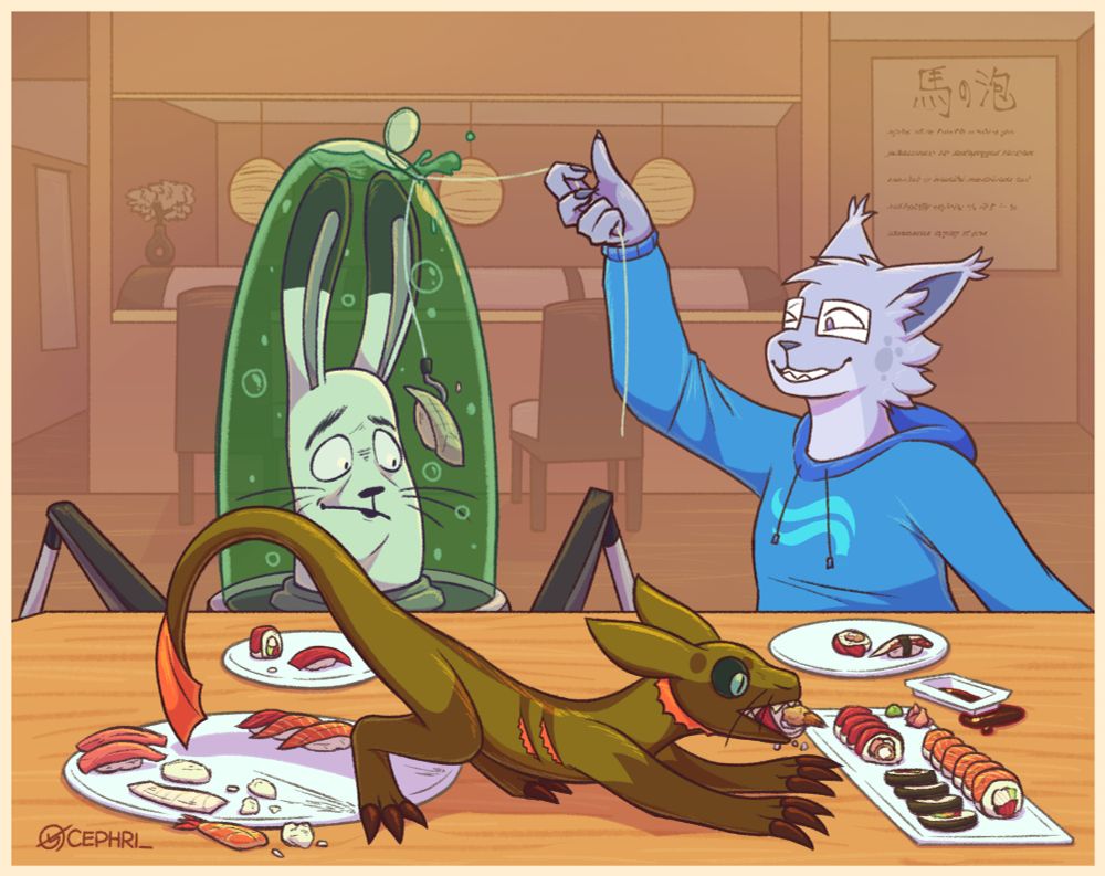 Dr. Knees, Catphri, and the THING at a sushi restaurant. Catphri's lowering a piece attached to a fishhook into Dr. Knees's tank, while THAT THING is absolutely going to town on a roll.

also, drawing this really made me crave sushi. ourgh.