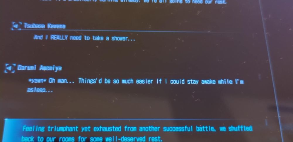 Dialogue Transcript from the game "The 100 Line - Last Defence Academy" where a character says "Things'd be so much easier if I could stay awake while I'm asleep..."