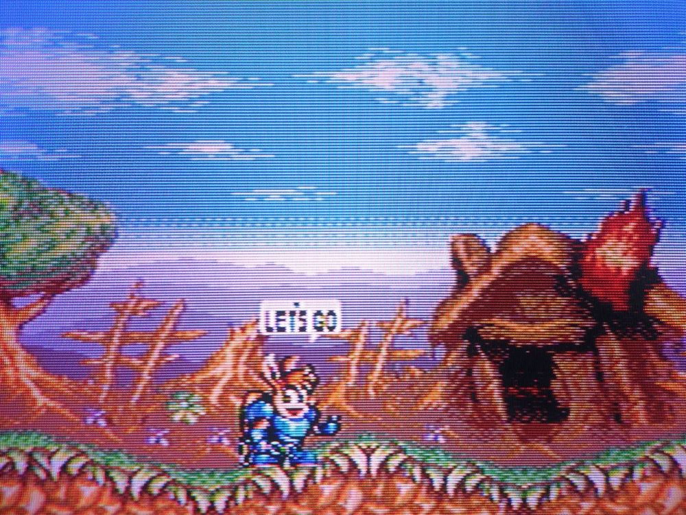 Stage 1, Kingdom of Zebulos. Sparkster is shouting "Let's go." He looks happy in spite of being in the middle of a siege 
-
Game: Rocket Knight Adventures
Developer: Konami 
Platform: Sega Genesis
⚪🔴🟡