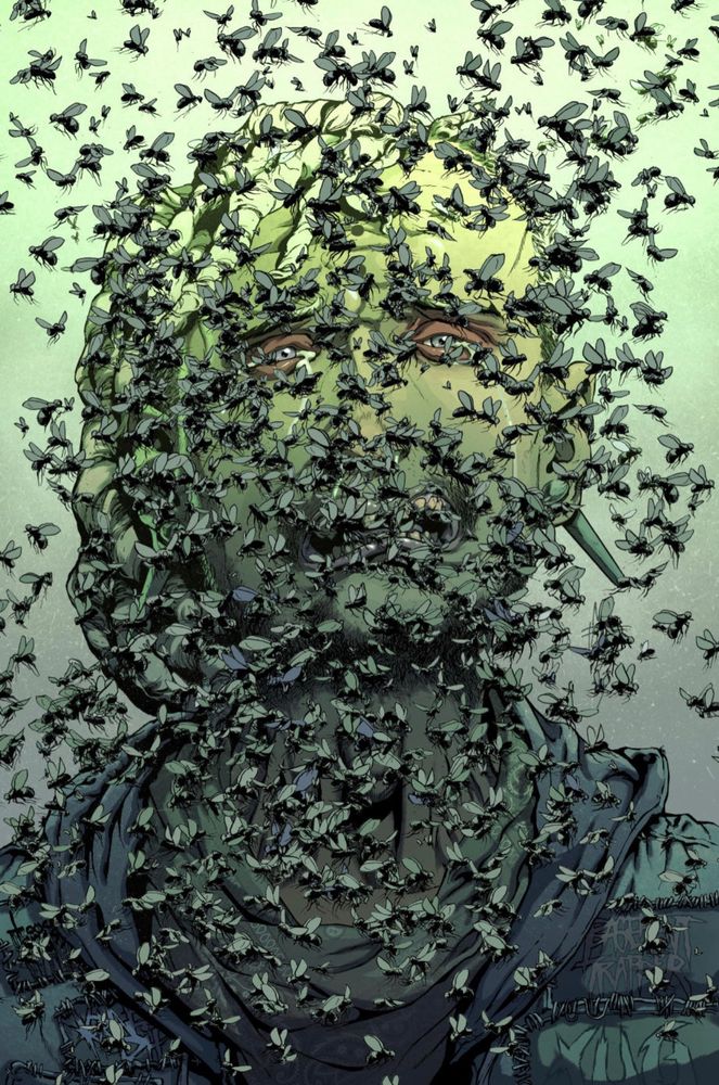 A crying, filthy serial killer completely covered in flies