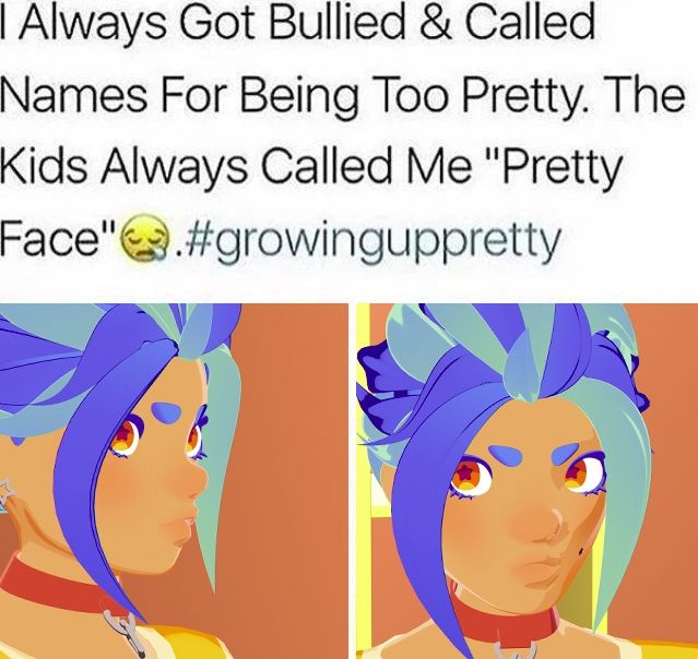 I Always Got Bullied & Called Names For Being Too Pretty. The Kids Always Called Me Pretty Face" 😪 #GrowingUpPretty

IMAGE ID: Two 3D Blender renders of Comet Ochoa, an original character created by @barksport & @erosindomita. He has two-toned blue and teal hair and orange eyes with star-shaped pupils, and he's very cute.  He's making the same face in either image, but they're at slightly different angles.


#art #blender #b3d #blender3D #originalcharacter #OC