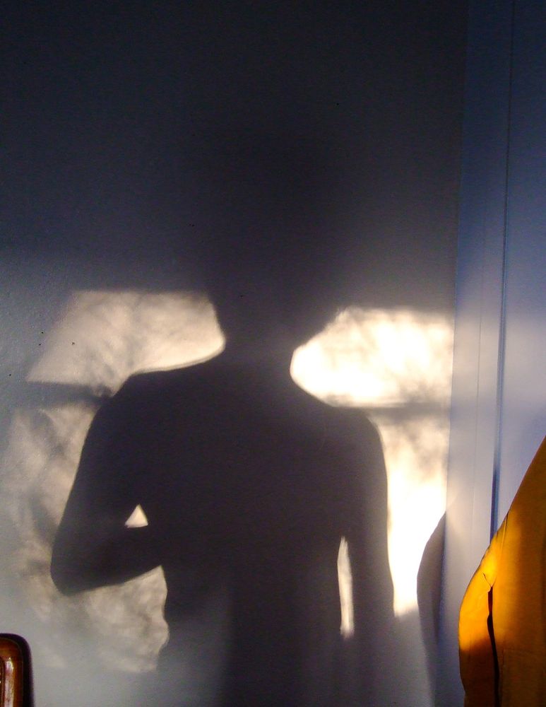 Shadow Silhouette of me. The light casts also on some branches and the window frame making it look dreamy around the silhouette of myself. Theres a yellow jacket on the right slightly in frame and highlighted abit from the light. On the left my chair is barely in frame but the wood’s color is prominent so it is noticeable