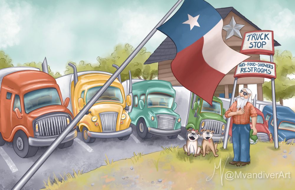 The illustration shows three trucks (one orange, one yellow, and one blue-green) parked outside a truck stop. On the lawn out front is a large Texas flag flying, a man standing as if pledging allegiance to it, with two dogs beside him. Illustration by New Orleans artist & illustrator Melissa Vandiver. #art #kidlit #kidlitart #kidlitartist #kidliillustration #dogs #blueskynightmarket #litsky #skylit #booksky