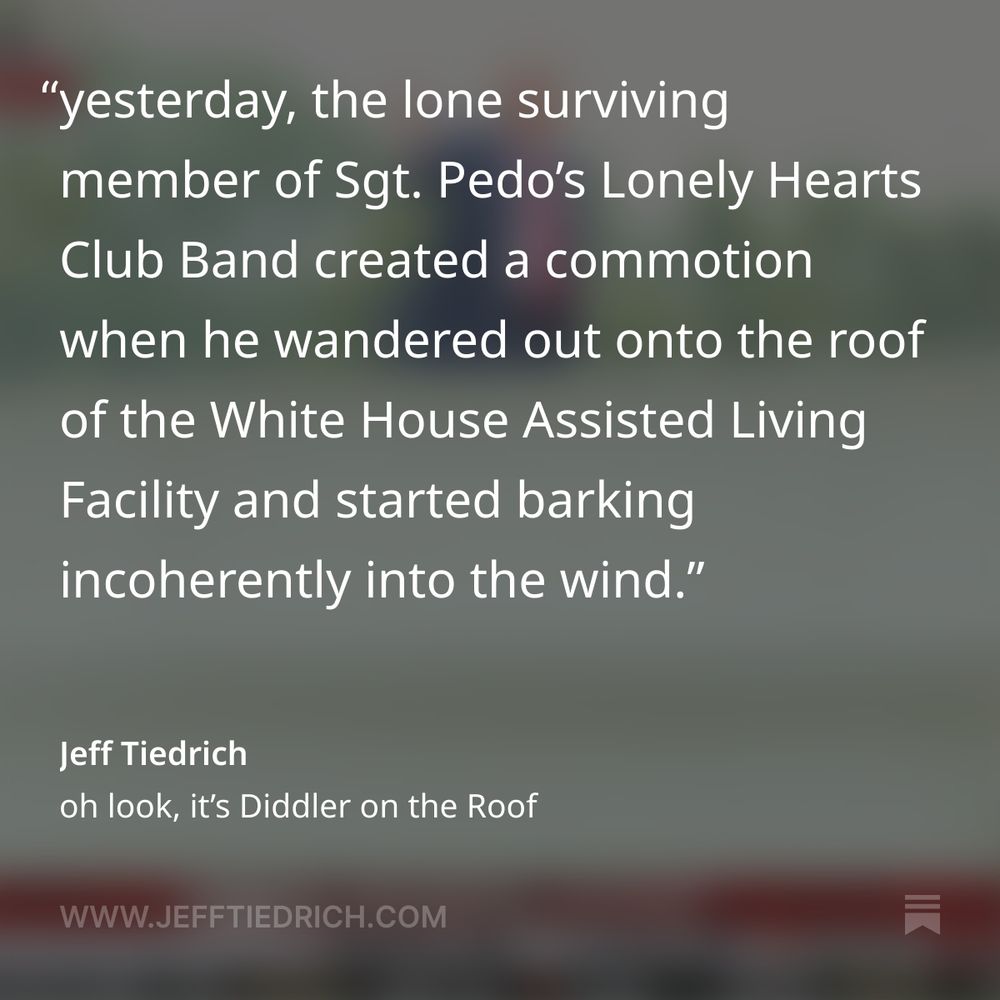 yesterday, the lone surviving member of Sgt. Pedo’s Lonely Hearts Club Band created a commotion when he wandered out onto the roof of the White House Assisted Living Facility and started barking incoherently into the wind.

no, seriously. you can’t make this shit up — because who the fuck would believe it?

what’s this deteriorating old geezer doing up there? is he looking for the Epstein Files?

most of Sundowning Grandpa Befuddlepants’ ranting was lost in the ozone. here’s the intelligible part.

“it’s just another way to spend my money for the country. anything I do is financed by me. so you don’t have [unintelligible] contributed. just like my salary is contributed, but nobody ever mentions that.”

the official White House story was that Dear Leader went up on the roof to inspect the fugly concrete parking lot that now sits where the Rose Garden used to be, and also to get an eyeful of where he’s going to put that shitawful ginormous ballroom.

so, is Donny claiming he’s going to use his own money to pay for the dance hall construction? is that what this ‘anything I do is financed by me’ boast is all about?

fact check: bull fucking shit.

Donny never pays for anything. the opposite is true. not only is Donny enriching himself from the presidency, we the people are financing his Saudi-prince-wannabe lifestyle. Donny just spent ten million taxpayer dollars so he could spend five days goofing off and cheating at golf in Scotland. he charges the Secret Service obscene amounts of money to stay in the golf motels he visits every weekend.

for fuck’s sake, we’re shelling out nearly a billion taxpayer dollars to upgrade that vulgar flying bordello that he gets to take home with him when his nightmarish hellscape presidency finally ends.

so I’ll believe Donny’s personally paying for the White House to be turned into the Kremlin West when I see the cancelled checks.