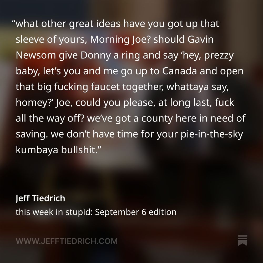 Morning Joe, can we talk? are you on drugs right now? are you higher than a fucking kite? what’s this nonsense about how Pritzker should pick up the phone and say ‘please come to my state and do a fascism?’ do you live in the real world, Joe? how do you not understand that Donny’s police state isn’t about law and order? it’s about a naked show of force for the sake of it. Joe, what do you imagine is going to happen if JB is all ‘hey there, pardner — go ahead, invade the shit out of Chicago’? they’re going to become fast friends, as they fight imaginary crime together? and then what? Donny and JB go off into the fog, and have wonderful adventures together? what other great ideas have you got up that sleeve of yours, Morning Joe? should Gavin Newsom give Donny a ring and say ‘hey, prezzy baby, let’s you and me go up to Canada and open that big fucking faucet together, whattaya say, homey?’ Joe, could you please, at long last, fuck all the way off? we’ve got a county here in need of saving. we don’t have time for your pie-in-the-sky kumbaya bullshit. thank you for your attention to this matter, Joe.