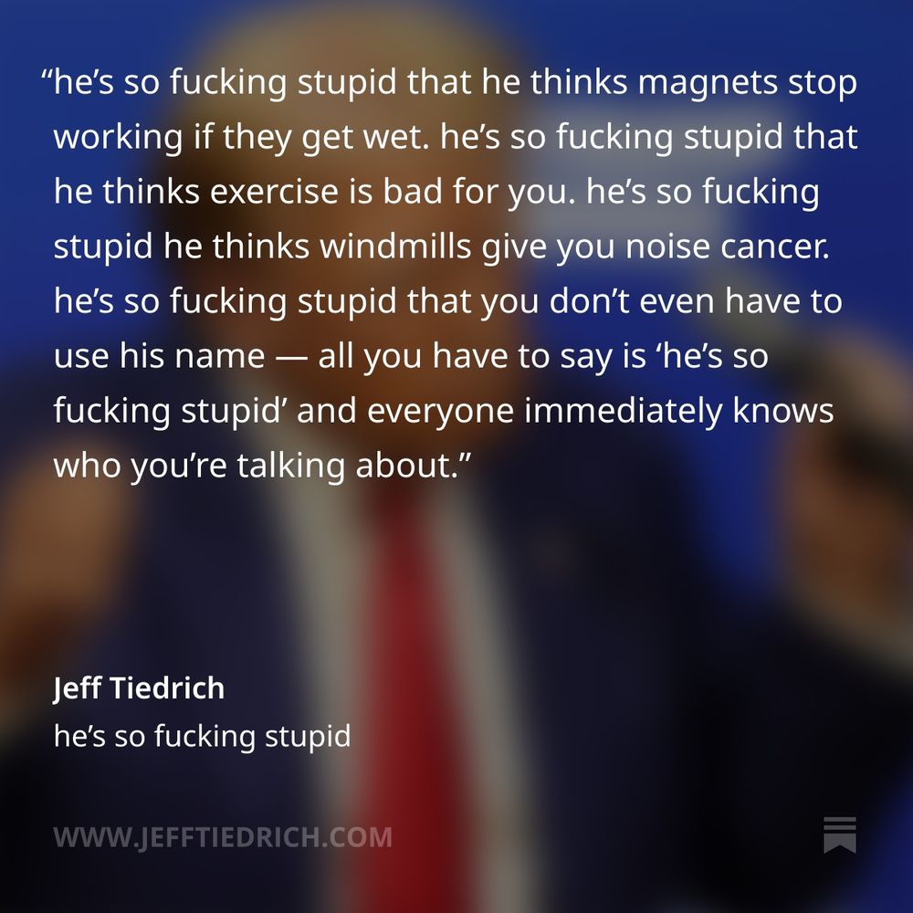 he’s so fucking stupid that he thinks magnets stop working if they get wet. he’s so fucking stupid that he thinks exercise is bad for you. he’s so fucking stupid he thinks windmills give you noise cancer.

he’s so fucking stupid that you don’t even have to use his name — all you have to say is ‘he’s so fucking stupid’ and everyone immediately knows who you’re talking about.