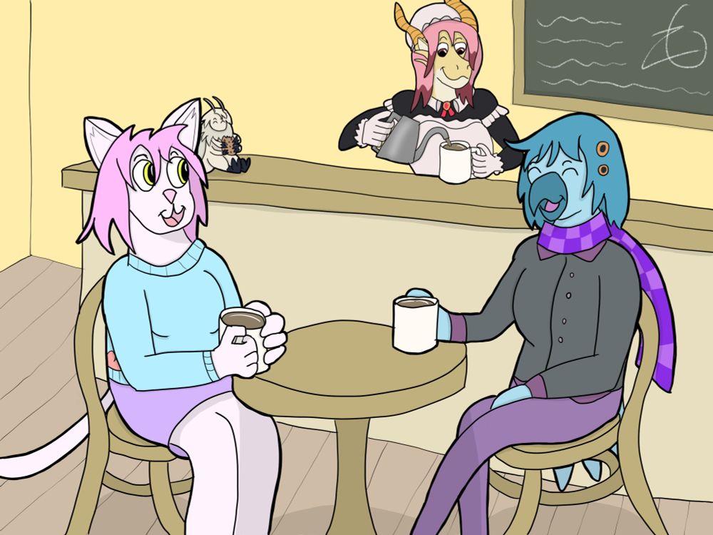 Miyamo and Mochi enjoying a drink together at the maiden menagerie, Isabella serving up some more coffee, while Bean snacks on a cookie.