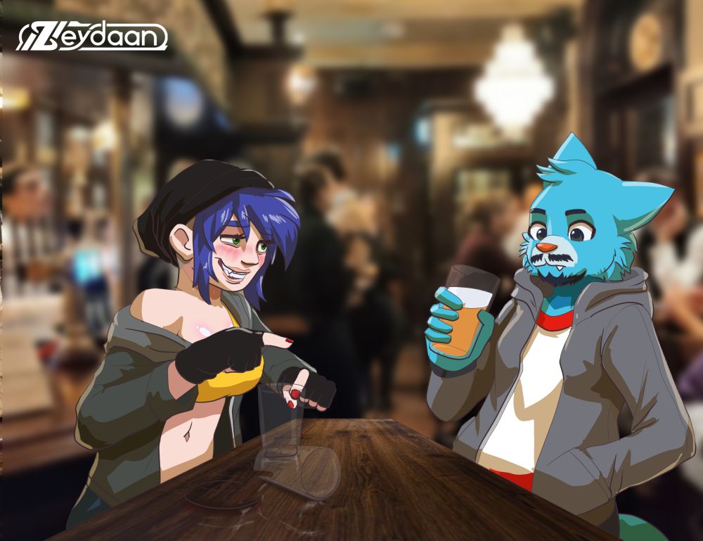 Grey Ryder sharing a drink with Gumball Watterson in a british pub.