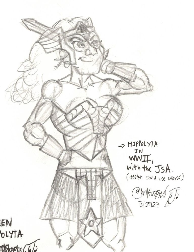 A sketch of a younger Hippolyta wearing her armor back when she was part of the Justice Society of American during WWII.