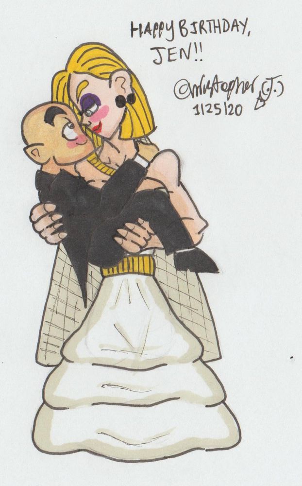 Android #18 is wearing a wedding dress and is carrying her groom Kuririn. Both look lovingly at each other.

Drew this for CrazyJen's birthday in 2020