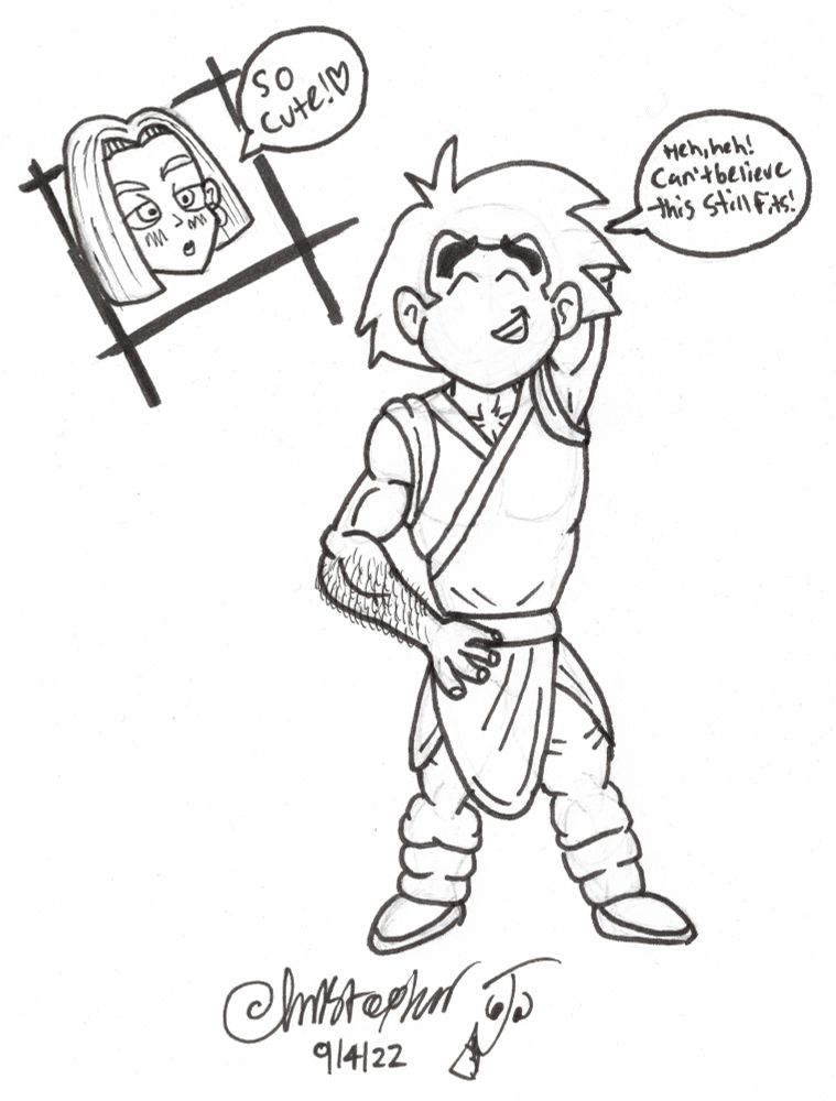 9/4/22- "Nostalgia": Krillin/Kuririn is wearing his old Orin Temple gi.

Kuririn: "Heh, heh! Can't believe this still fits!"

Android 18, blushing: "So cute!"