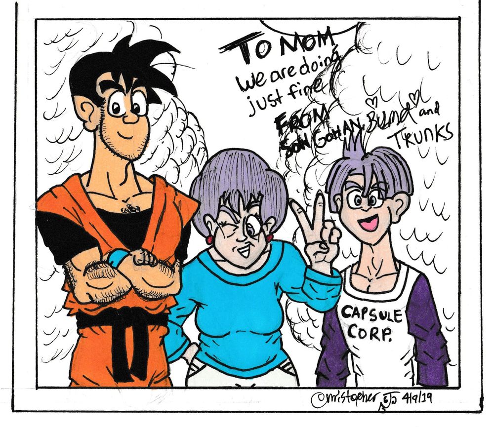 A picture of Future Son Gohan, Future Blooma (Bulma) and a young Future Trunks with a message that reads "To Mom, we are doing just fine. From Son Gohan, <3 Bulma <3 and Trunks"; the picture is implied to be for Future Chi-Chi.