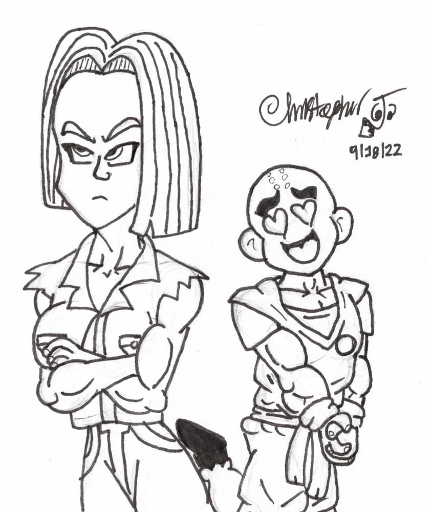 9/18/22: "Free Space/K18 Day": Android #18 is standing, folding her arms and looking quite menacing while Krillin/Kuririn is behind her, smitten with hearts in his eyes.