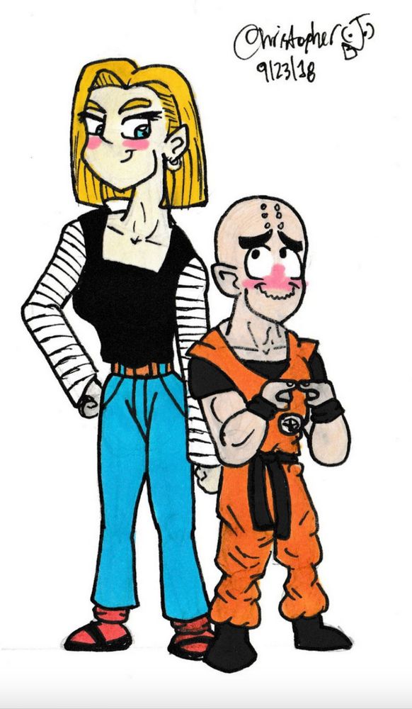 Android #18 and Kuririn (Krillin) are smiling at each other; Kuririn looks rather nervous.