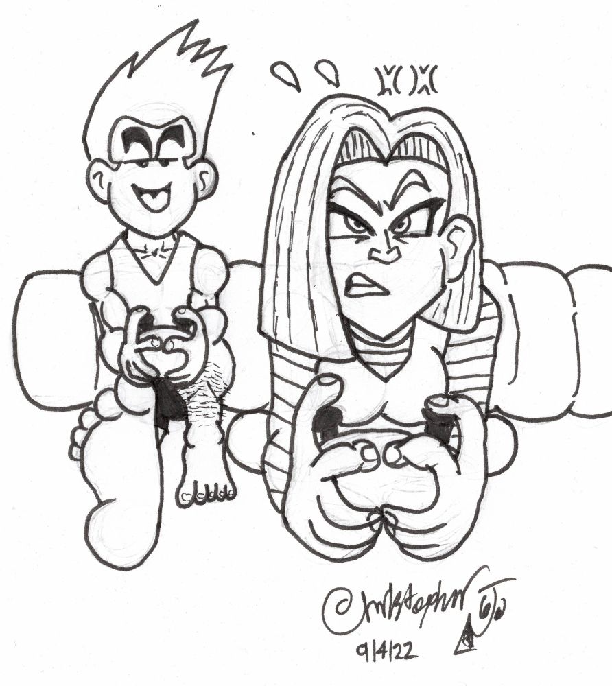 9/11/22- "Gamers": Krillin/Kuririn and Android #18 are playing a video game together; Kuririn has a smug look on his face, implying that he's winning the game while #18 leans closer and looks extremely frustrated that she's losing.