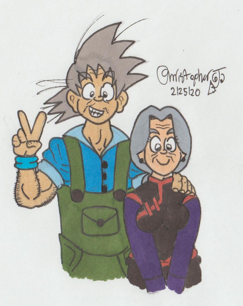 An elderly Son Goku and Chi-Chi.