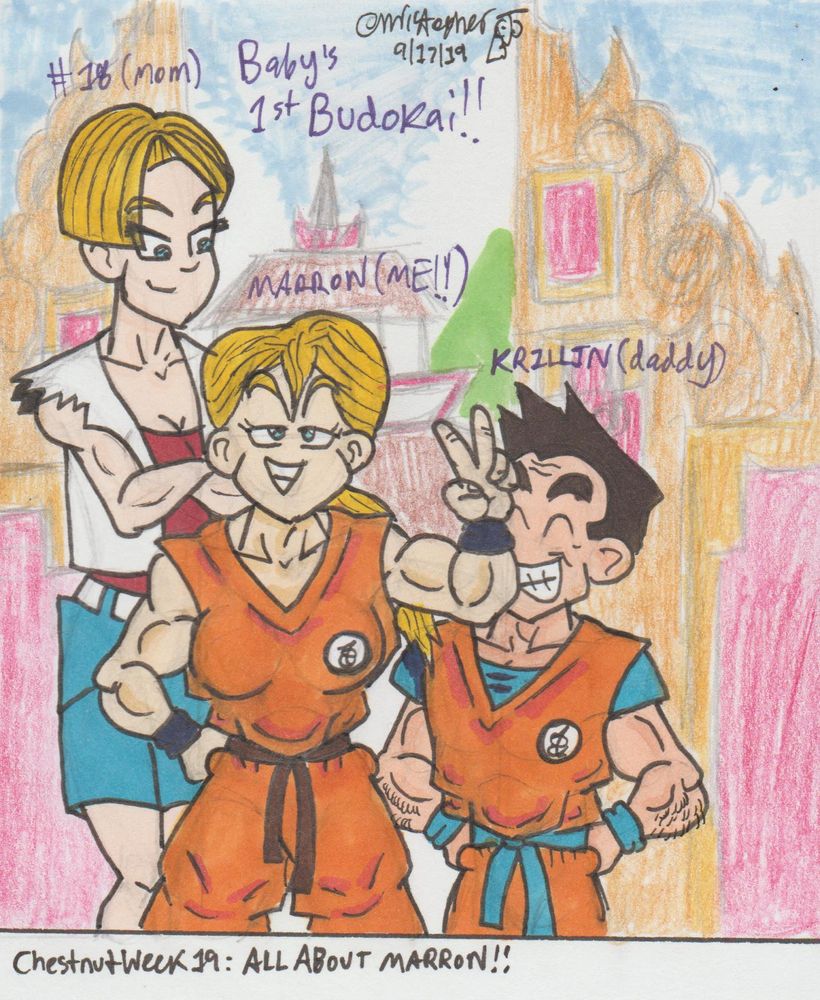 #18 and Kuririn prepare to take Marron to her first Budokai; Marron flashes a smug smile and a peace sign, like her father used to in her youth.

Left-right: "#18 (Mom), Marron (ME!!) Krillin (Daddy)"