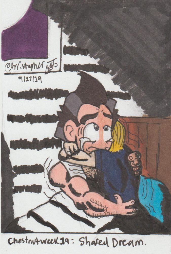 Krillin/Kuririn and #18 comfort each other in their bedroom after both have nightmares.