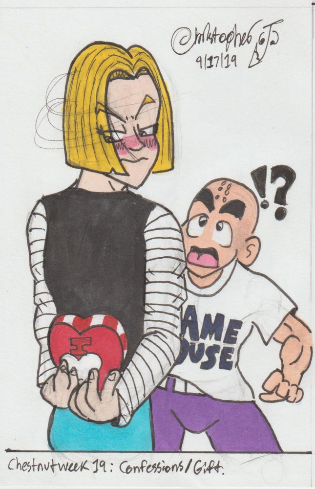 A blushing #18 swiftly turns her head away from a shocked Kuririn. She's hiding a box of chocolates from him.
