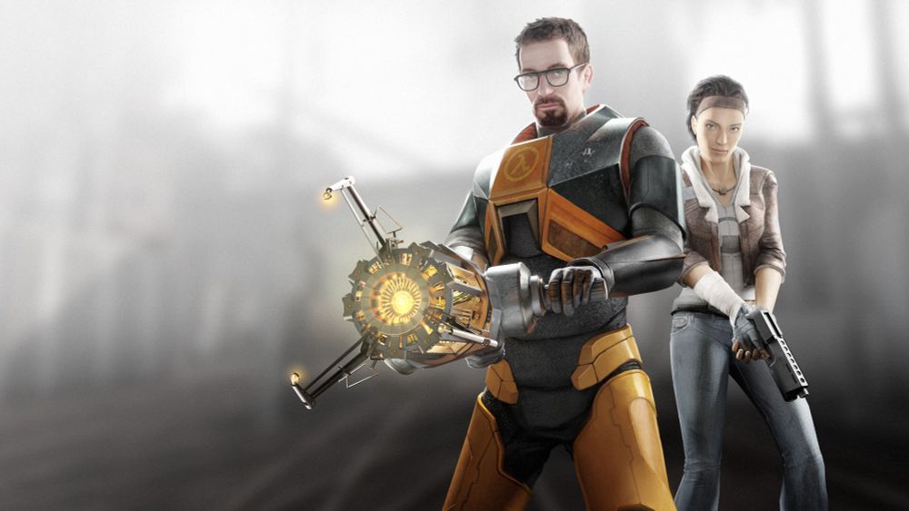 A render from the game Half-Life 2, made as wallpaper by Valve for the 20th anniversary of Half-Life 2, the image features Gordon Freeman and Alyx Vance standing on some blurred out train tracks in City 17, Gordon is holding the Gravity Gun menacingly and Alyx is holding her custom Alyx Gun, both seem ready to take on combat.