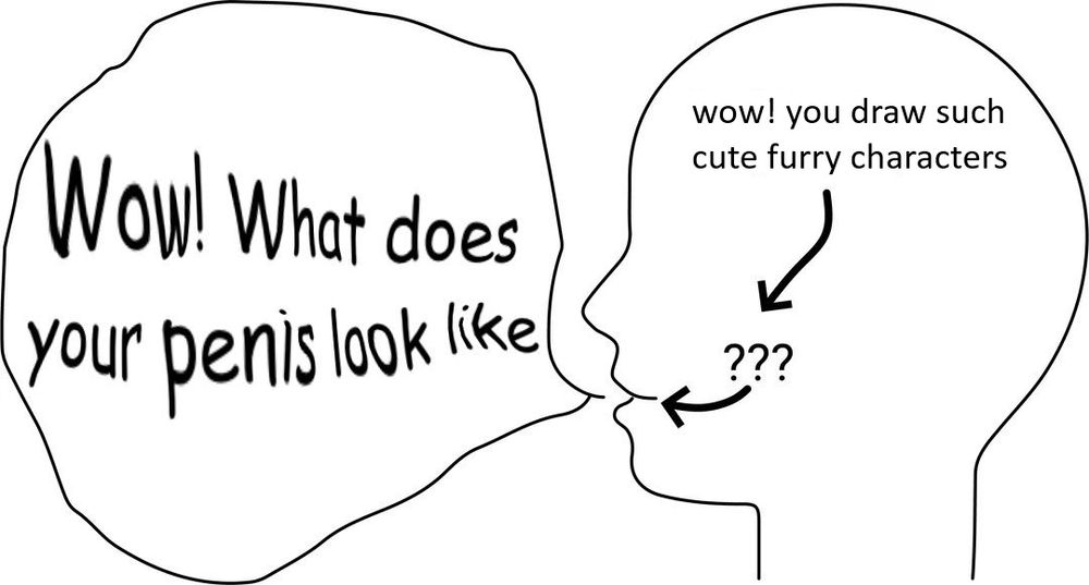 a graphic of a head containing the text "wow! you draw such cute furry characters", but a warped speech bubble coming out of the mouth saying "wow! what does your penis look like"