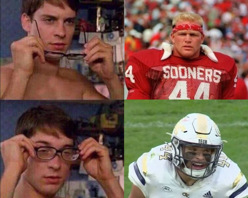 Toney Maguire glasses off/on meme with the Boz on top and GT linebacker Kyle Efford on the bottom