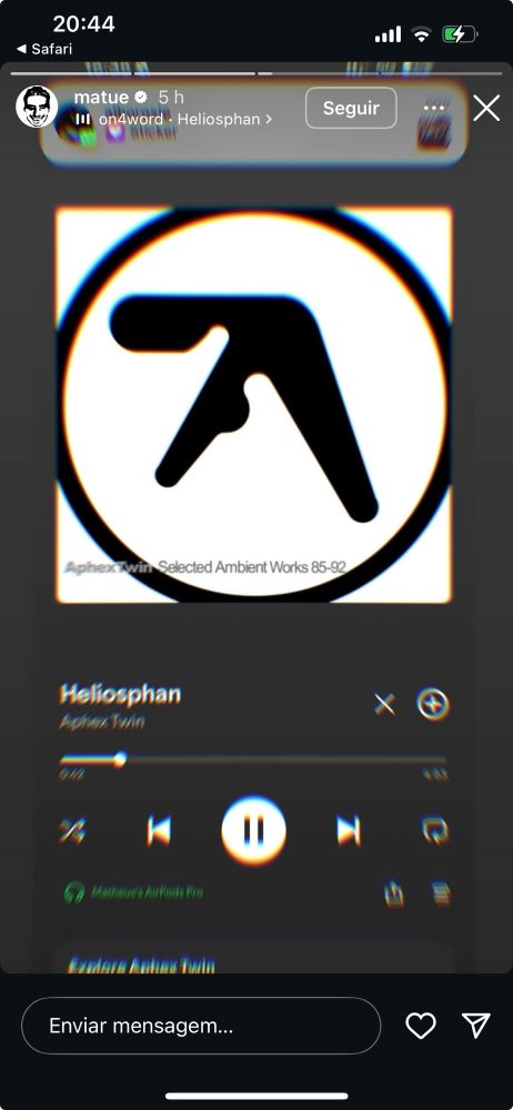 print do instagram do matuê onde mostra o app do spotify aberto com a música “heliosphan” do aphex twin tocando