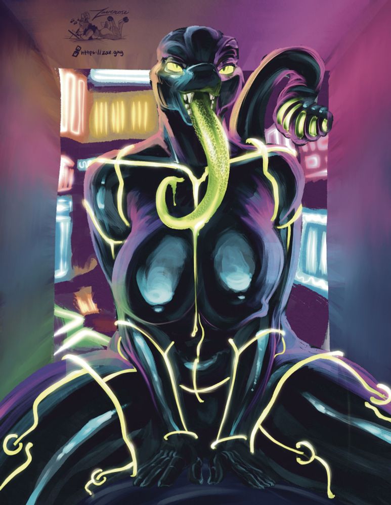 a latex illustration of a serpent in front of a cityscape