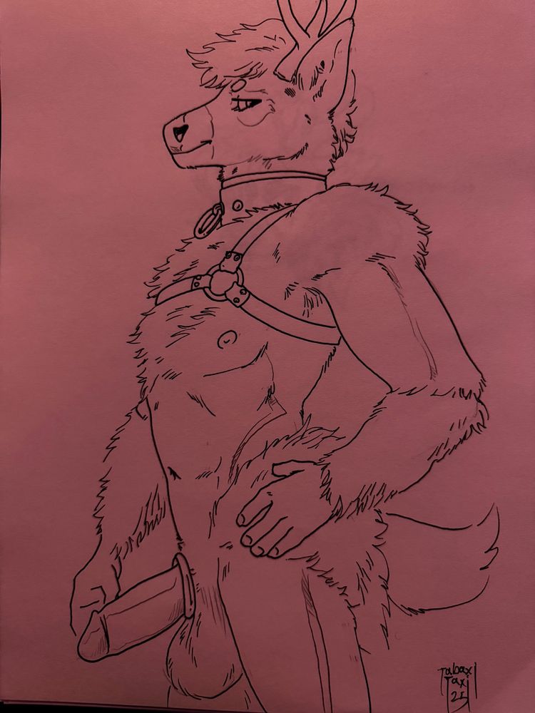 an inked sketch of a halfbody pinup side view of Zav showing off his goods, with a harness