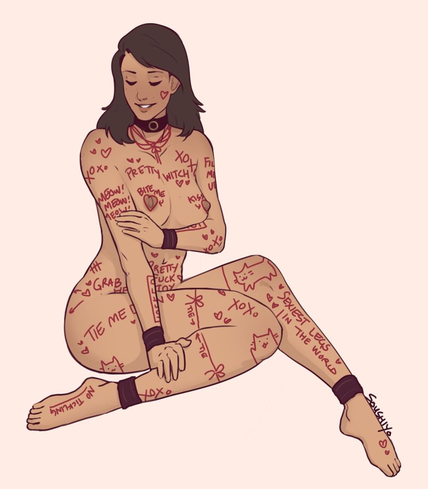 Drawing of a nude woman with very loving body writing