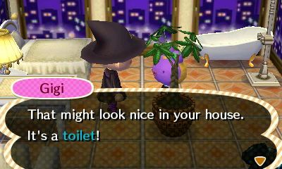 animal crossing new leaf screen shot where the purple frog villager Gigi tells my villager that a toilet might look nice in my house