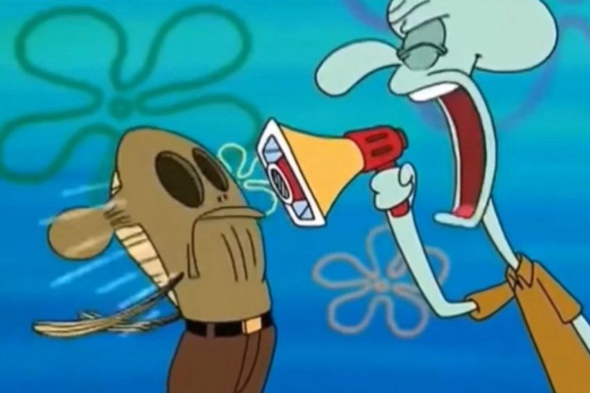 Squidward Tentacles shouting at Fred with his megaphone, Fred's eyes goes inward from the soundwave.