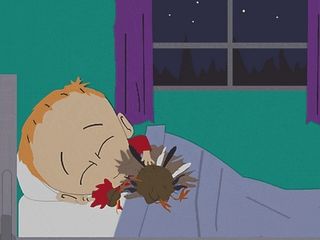 Timmy from South Park in bed with his turkey Gobbles