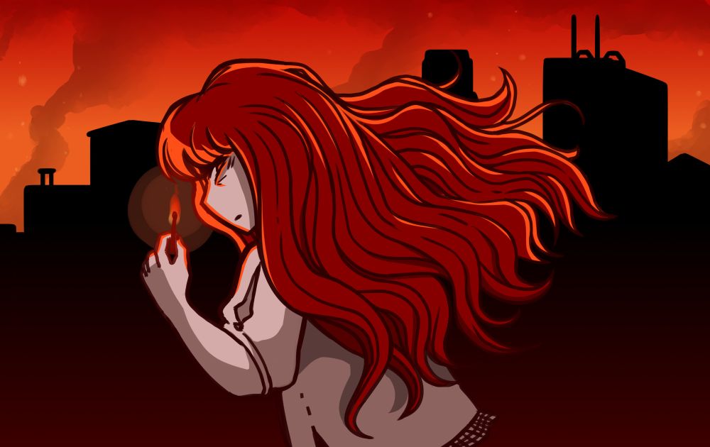 a red-haired girl with a menacing, yet emotionless look on her face holds a match. Behind the girl is a silhouette of a city with rising ribbons of smoke against a fiery red sky. The colour palette consists of shades of gray, red, and black.