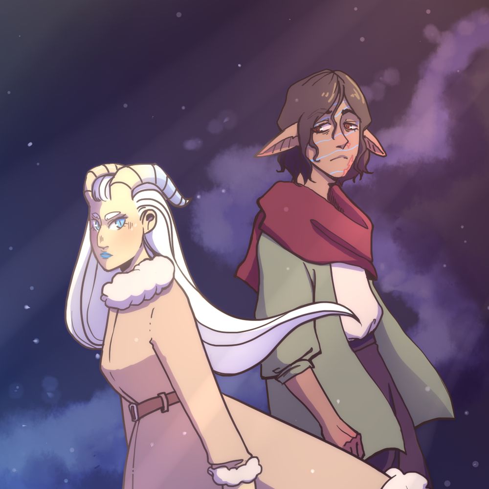 a tiefling-style character with long light-blonde hair, light skin, horns curled towards the back of her head, bright blue eyes, crooked nose, blue lipstick, and a fuzzy beige coast, turned to the left, with a neutral expression, standing next to a blase elf with medium-length curly brown hair, tanned skin, brown eyes, long downward skewed ears, face tattoos in the form of thin blue lines across the face alongside burn scars, wearing a long red scarf, a green jacket, white blouse, and baggy black pants, against a dark blue to brownish background