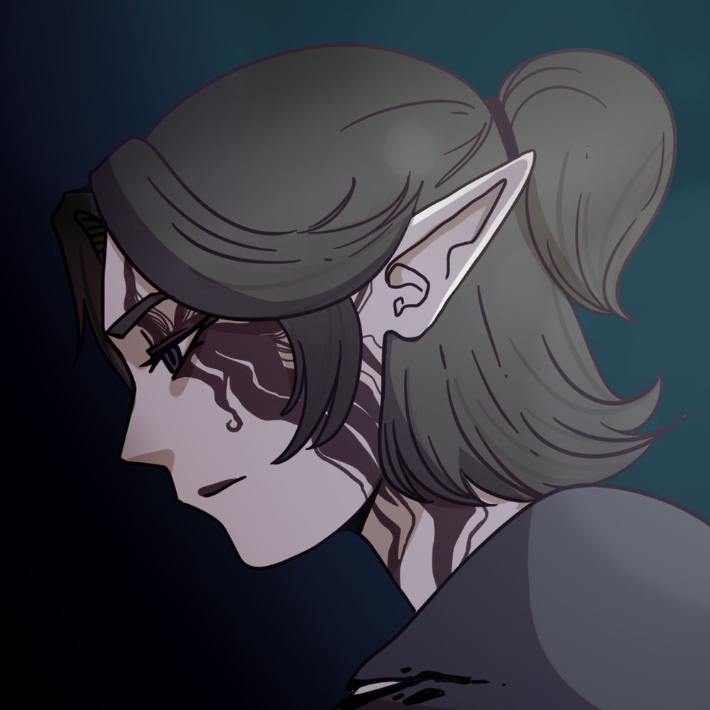 a picture with a cold, desaturated colour palette. A sideways headshot of a character. An elf woman with short hair, partially pinned up in a ponytail, looks into the dark with a dejected expression. She has an extensive face tattoo extending from her eye, seemingly reddish. The clothes she's wearing seem to be damaged.