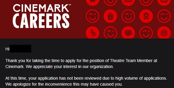 Rejection email for an employment application at a Cinemark movie theater.