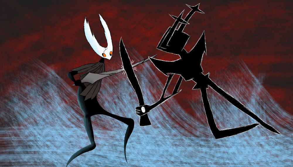 A drawing of the Roaring Knight and the Hollow Knight in a swordfight. Hey, that rhymed!