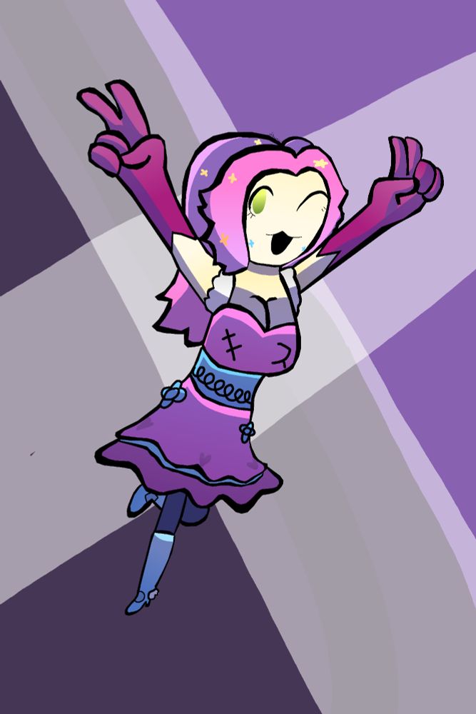 A drawing of Kazuko Yoneda, a character by blackboxwarrior on discord.
They are standing on one foot and posing two peace signs to the camera.