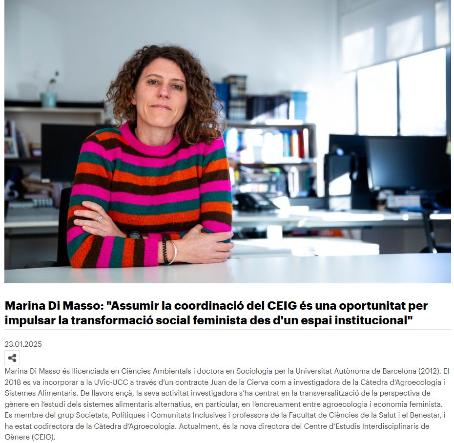 Recorte de la publicación de una entrevista a la nueva directora del CEIG, Marina Di Masso, con una foto retrato suya y el titular "Assumir la coordinació del CEIG és una oportunitat per impulsar la transformació social feminista des d'un espai institucional".