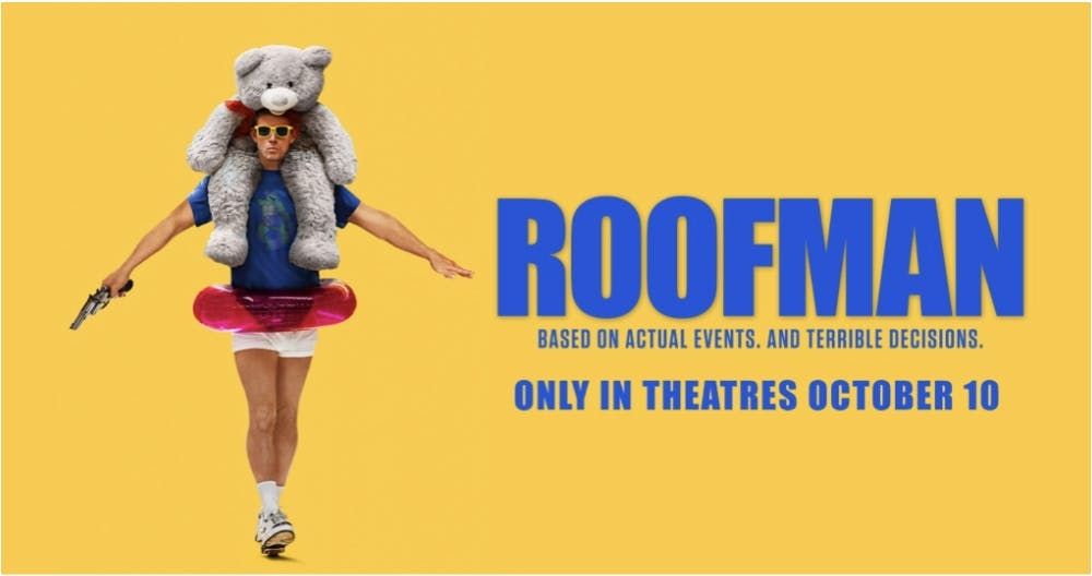 On the left is a man in sunglasses and a floaty tube and a big teddy bear on his head and on the right is the title of the movie. 