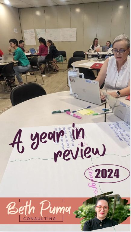 A group of people working in a collaborative school setting with circular tables and laptops. In the foreground, a whiteboard with handwritten notes and colorful markers is visible, along with the text "A year in review 2024" in bold, stylish handwriting. At the bottom, a banner features a logo reading "Beth Puma Consulting" with an image of a Beth Puma smiling against a green outdoor background.






