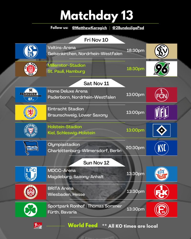 Here are the matches for Matchday 13

FRIDAY
Schalke vs Elversberg
St. Pauli vs Hannover (World Feed)

SATURDAY
Paderborn vs Nürnberg
Eintracht Braunschweig vs Osnabrück 
Holstein Kiel vs Hamburger SV (World Feed) 
Hertha BSC vs Karlsruhe 

SUNDAY
Magdeburg vs Hansa Rostock 
Wehen Wiesbaden vs Kaiserslautern  
Greuther Fürth vs Fortuna Düsseldorf