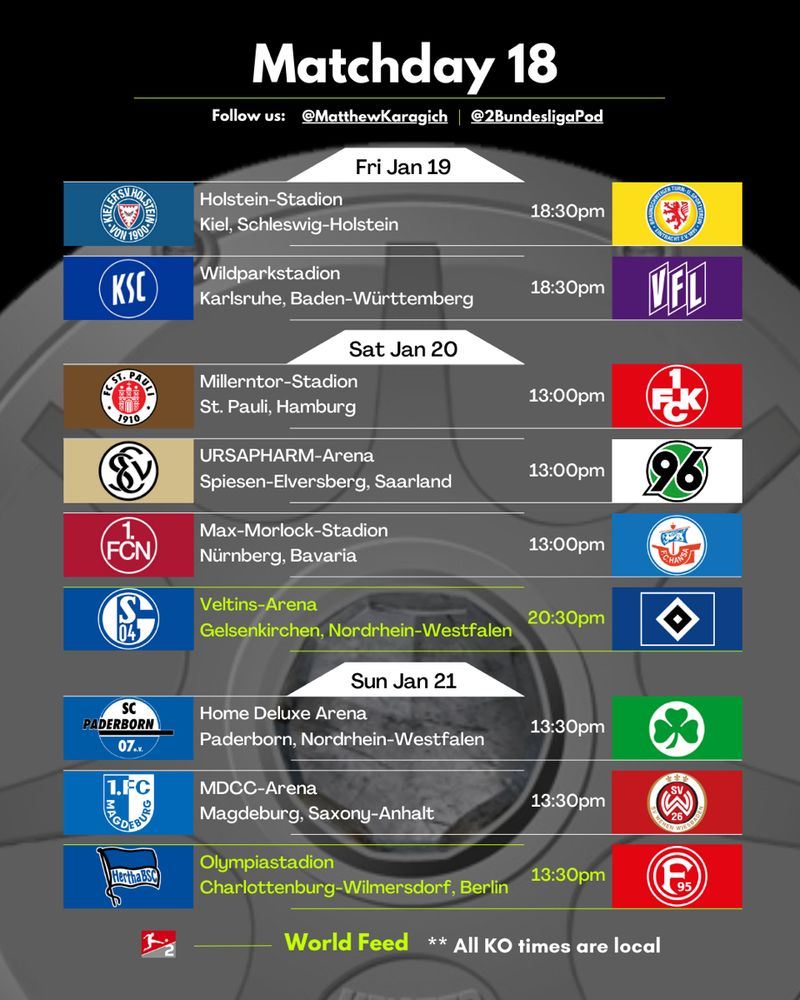 Here are the matches for Matchday 18

FRIDAY
Holstein Kiel vs Eintracht Braunschweig  
Karlsruhe vs Osnabrück

SATURDAY
St. Pauli vs Kaiserslautern
Elversberg vs Hannover
Nürnberg vs Hansa Rostock
Schalke vs Hamburger SV (World Feed)

SUNDAY 
Paderborn vs Greuther Fürth
Magdeburg vs Wehen Wiesbaden 
Hertha BSC vs Fortuna Düsseldorf (World Feed)