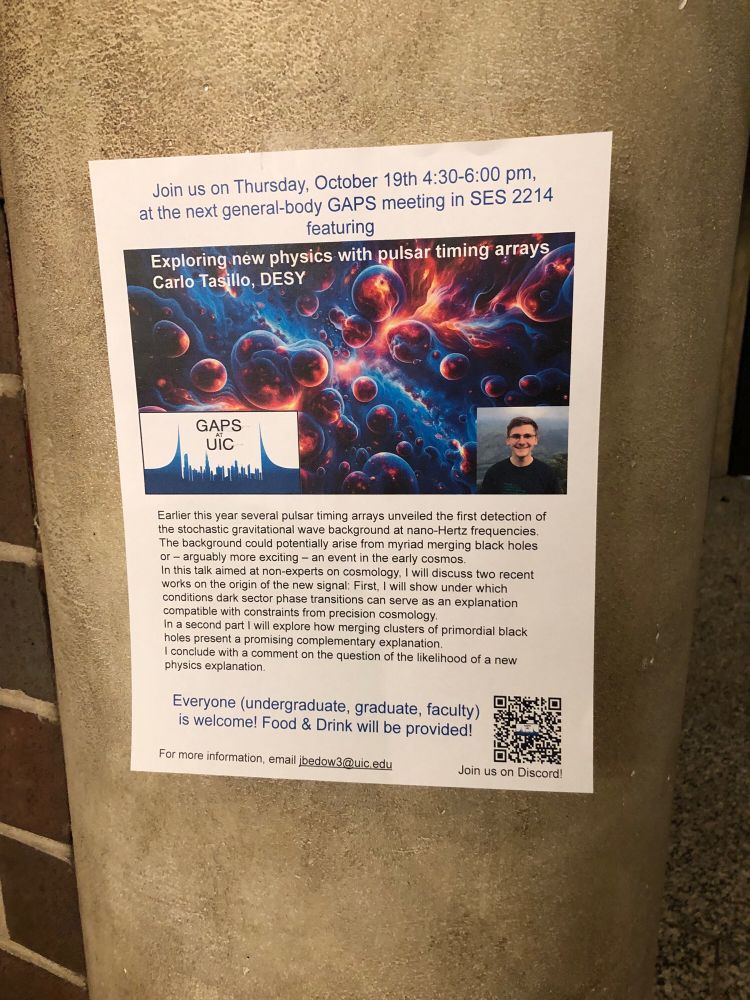 A poster announcing my talk at UIC on “exploring new physics with pulsar timing arrays” later today.