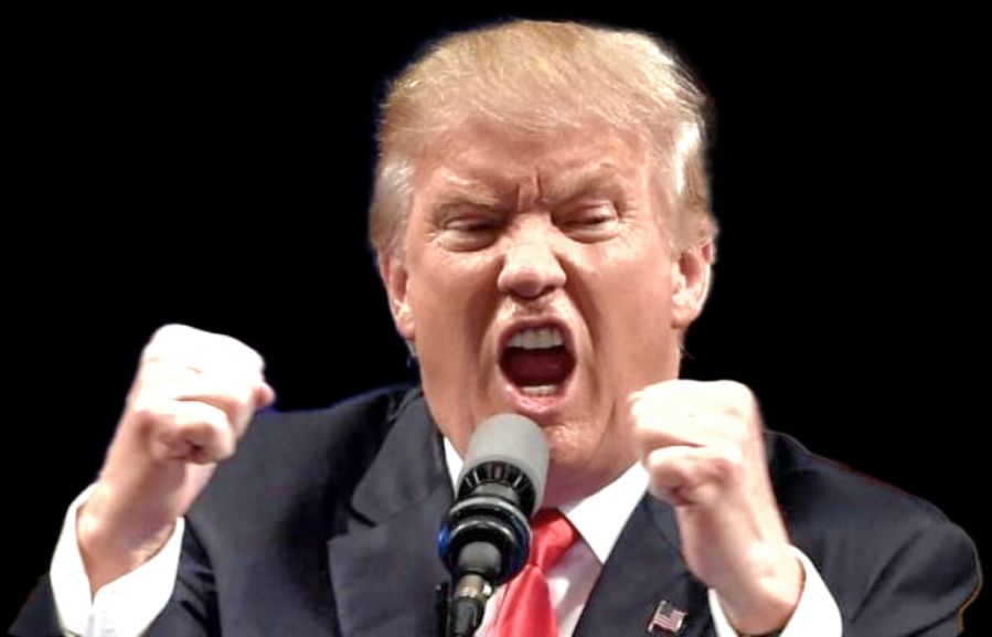 Trump yelling into a microphone
