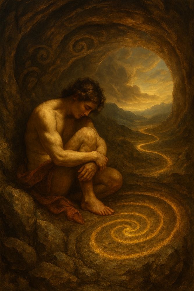 A warm-toned painting of a young person sitting curled in a small cave. Their head rests on their knees, eyes closed in quiet reflection. Golden spiral patterns glow softly on the cave floor and walls, and a winding golden path leads out toward a distant sunset. The scene feels peaceful, introspective, and symbolic of beginnings or awakening.