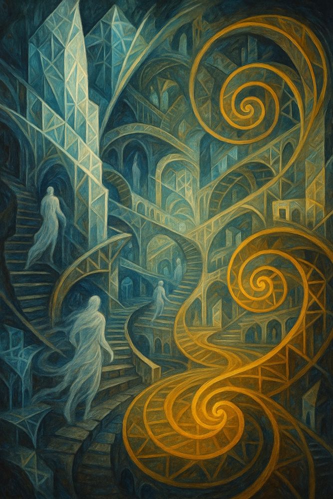 Golden spirals through a city of echoes.
The stairs never end, but each turn remembers the last.
A dream that builds itself from light.
