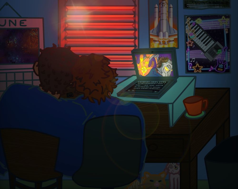 A digital illustration of Jayce and Viktor from Arcane, they are sitting next to eachother at a desk. The sunset is coming in through the blinds and there are various posters on the wall. There are two cats, one hairless and one yellow sitting under the desk. The laptop on top of the desk has a picture of the Machine Herald on it, emitting a yellow glow.