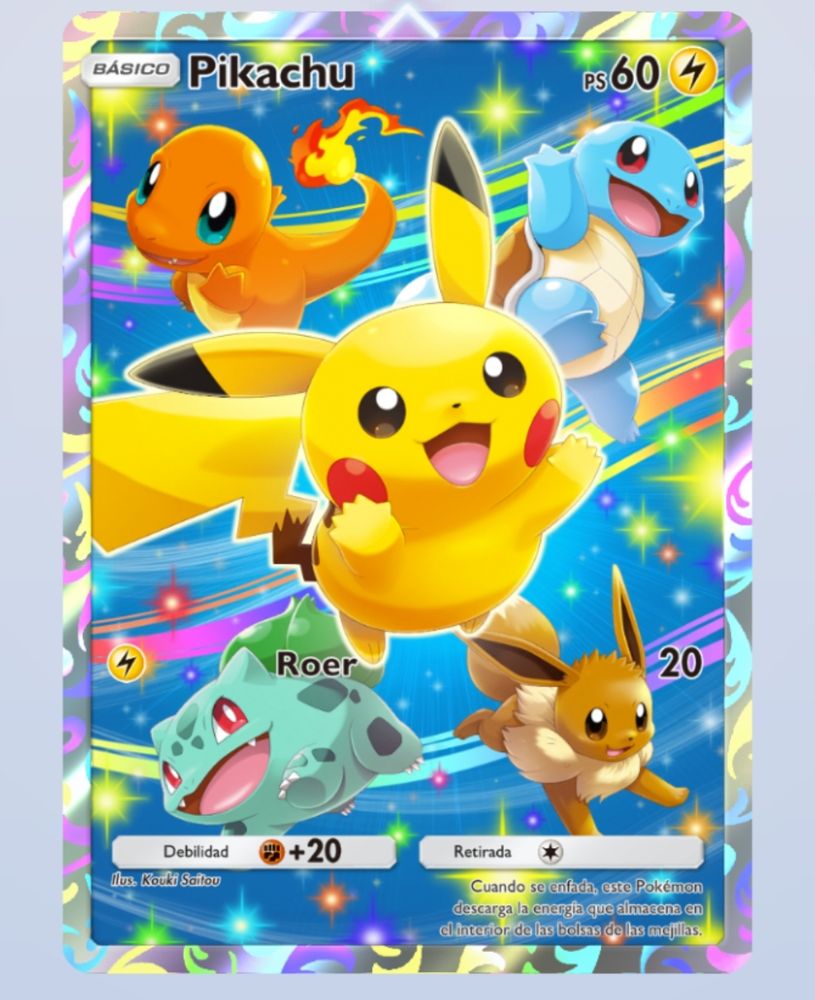 Carta de Pokémon con los iniciales de la primera generación y eevee